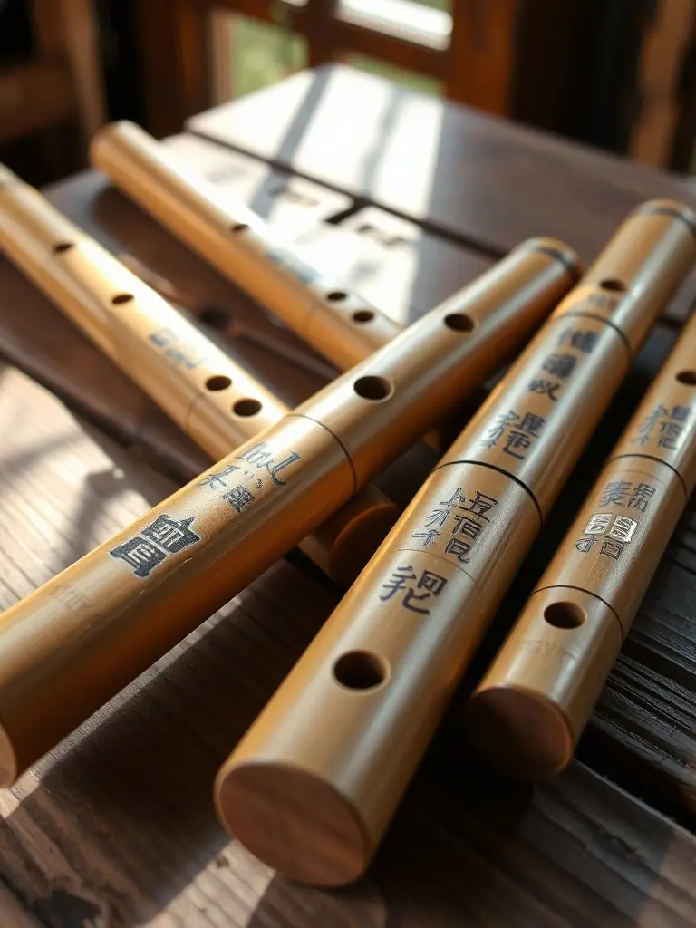 A set of traditional bamboo flutes displayed on a rustic wooden table.