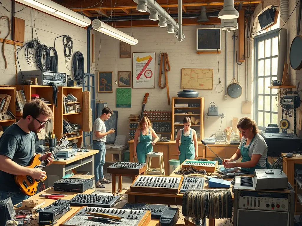 Participants engaged in a workshop creating electronic musical instruments.