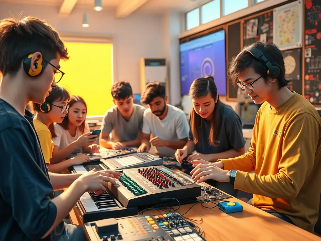 Students collaborating on a music project in a bright workshop setting.