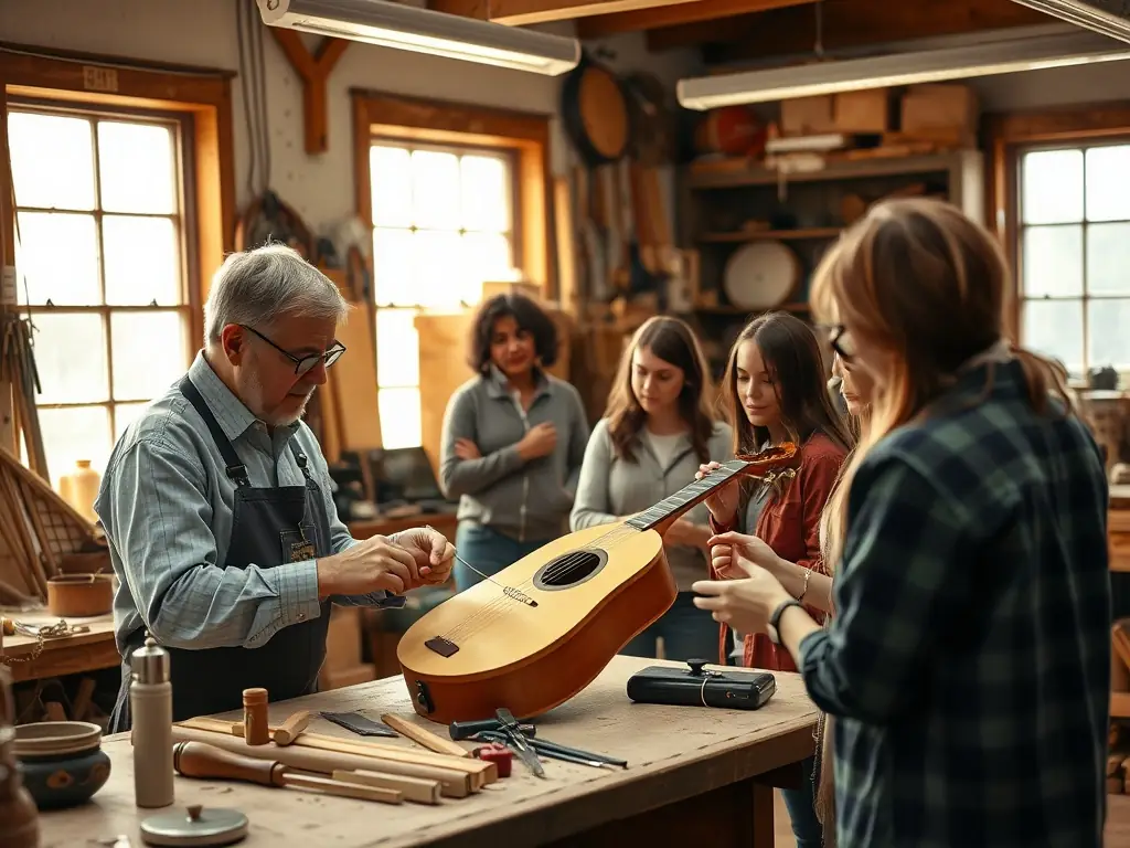 An instructor demonstrating the creation of a handmade musical instrument in a workshop with students taking notes.