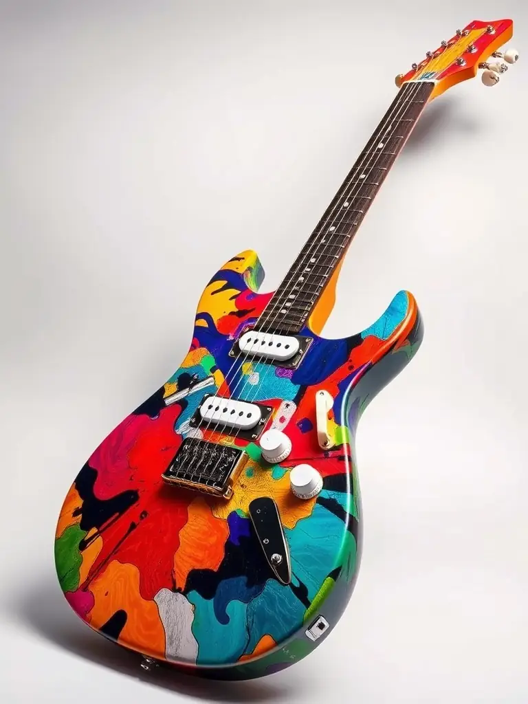 A custom-designed electric guitar with a colorful abstract pattern.