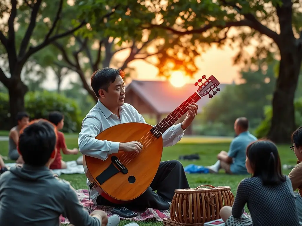 Shan yan performing outdoors with a unique instrument surrounded by nature.