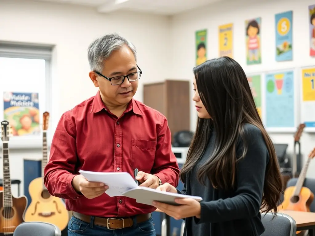 An instructor giving feedback to a student in a bright classroom.