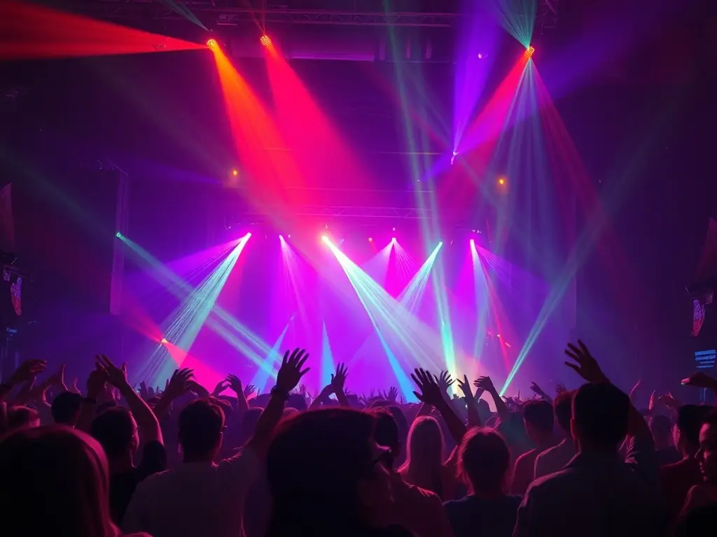 A live electronic music concert with colorful lights and an enthusiastic audience.