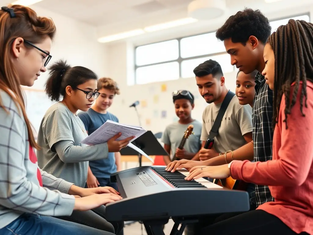 Students engaged in a music production session in a vibrant classroom.