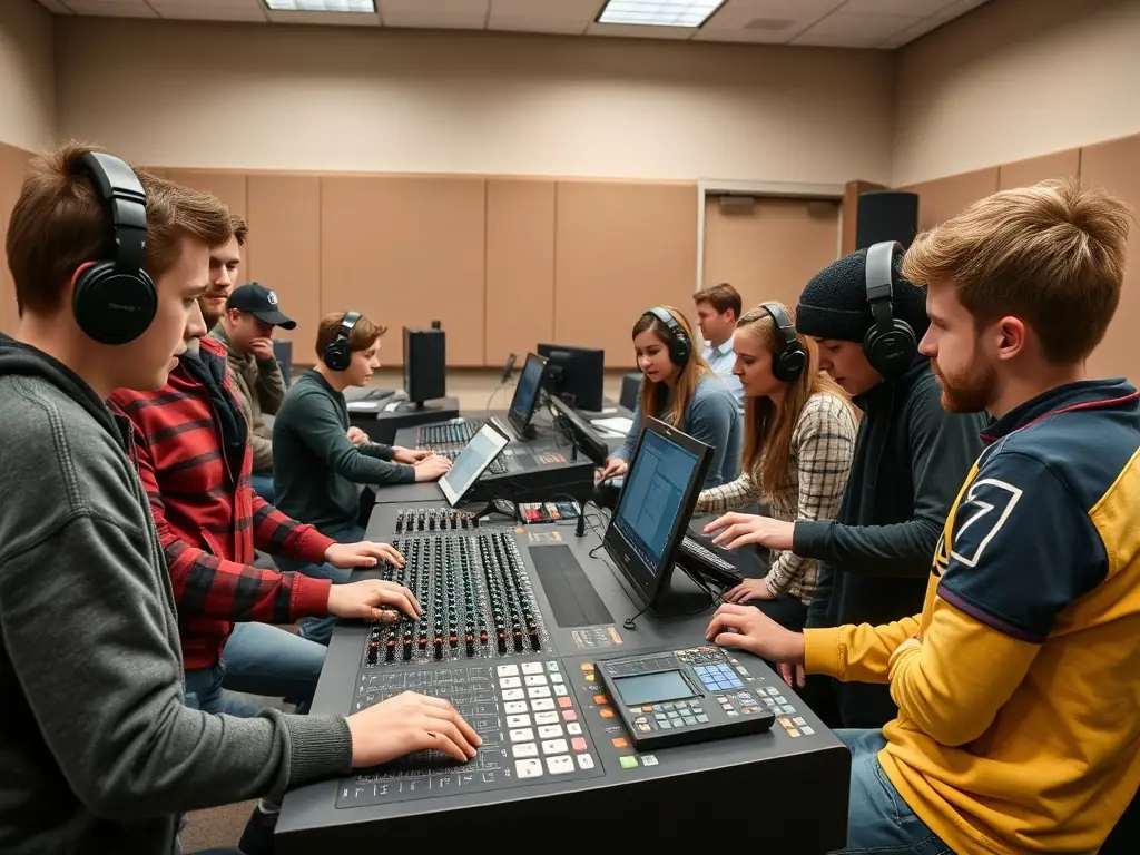 Students engaged in a sound design workshop in a bright classroom.